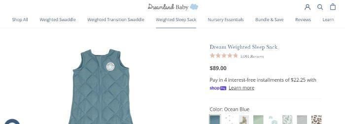 Product page for a Dream Weighted Sleep Sack