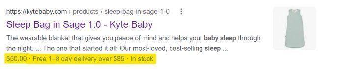 SERP result for the sleep sack