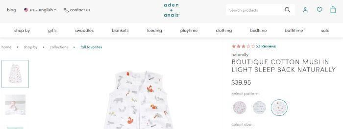 Product page for a boutique cotton muslin light sleep sack