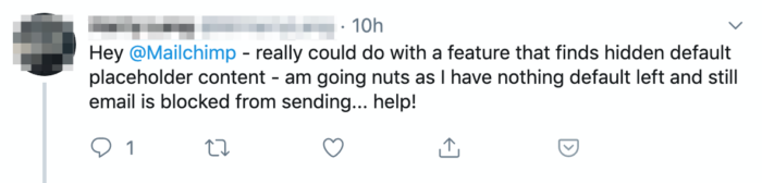 A tweet directed at Mailchimp offering customer feedback and asking for help.