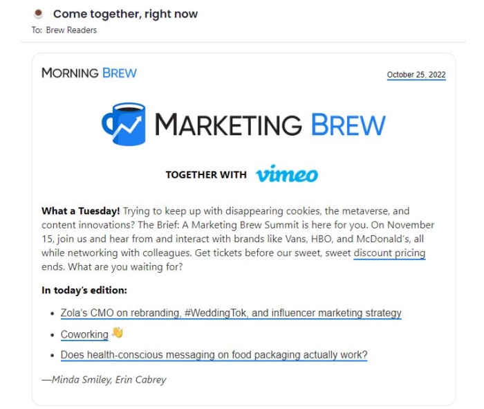 Curated content example from marketing brew. 