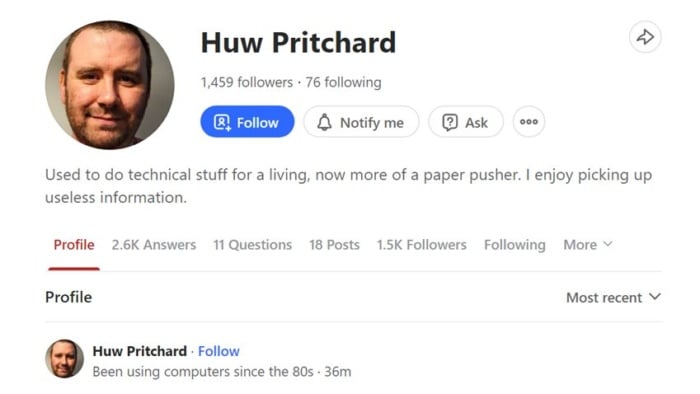 The Quora profile of Huw Pritchard. 