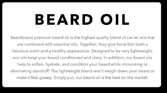 An image containing copy about beard oil.
