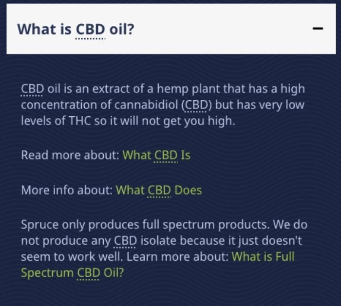 An FAQ section on a CBD oil product page.