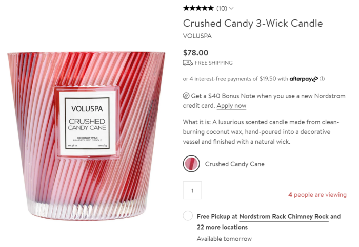 Crushed Candy scented 3-wick candle on Nordstrom's product page. 