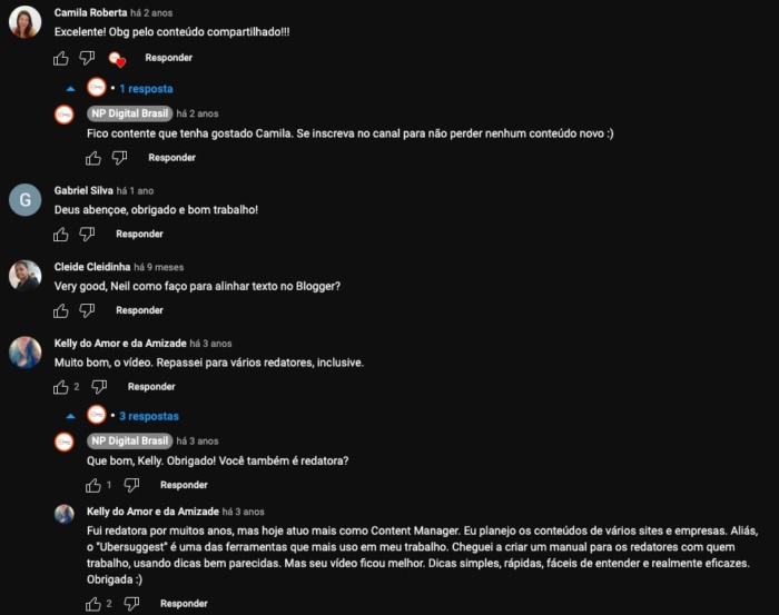 Exemplo de comentários no YouTube