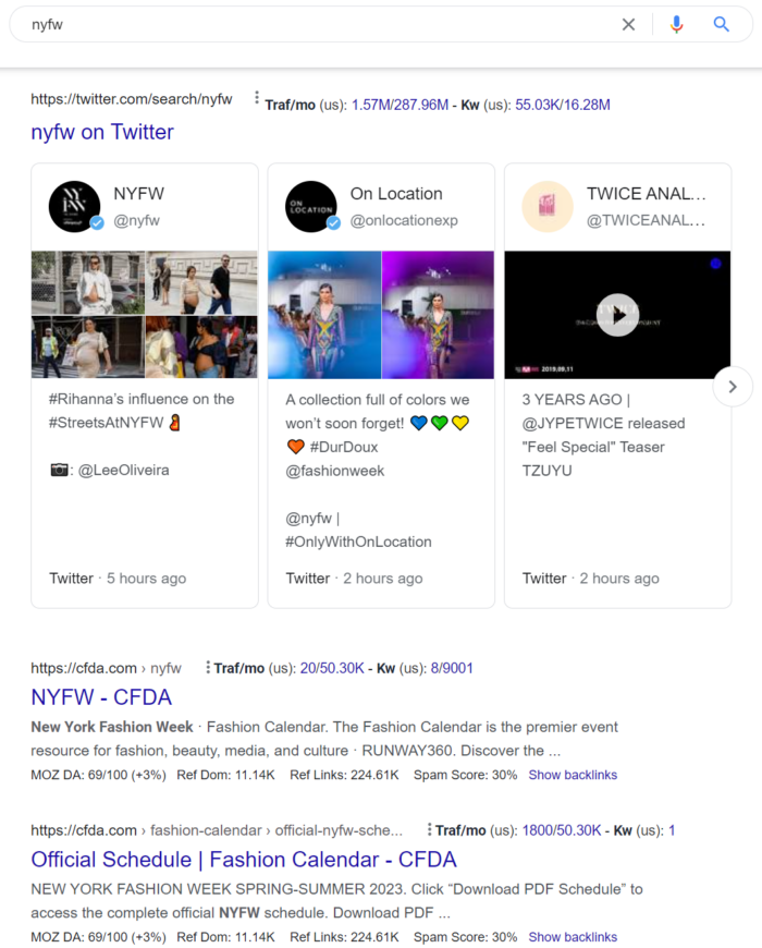A screenshot showing how nyfw is trending on Twitter and Google.
