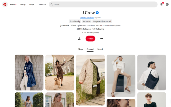A screenshot of J.Crew's page on Pinterest.