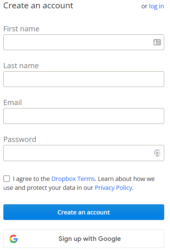 Screenshot of Dropbox's short sign up form.