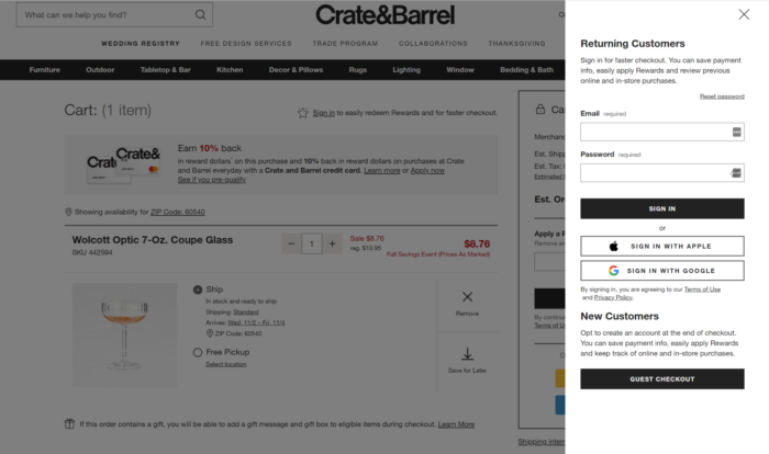 Screenshot of Crate&Barrel's sign up form on their website.