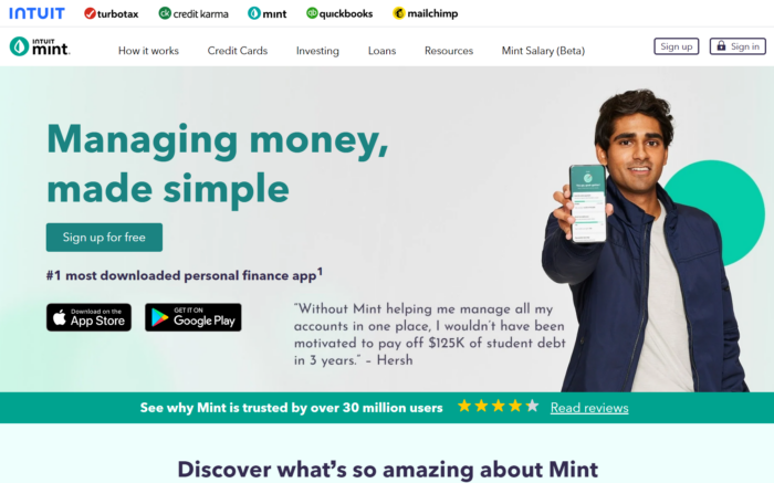 Screenshot of Mint's homepage.