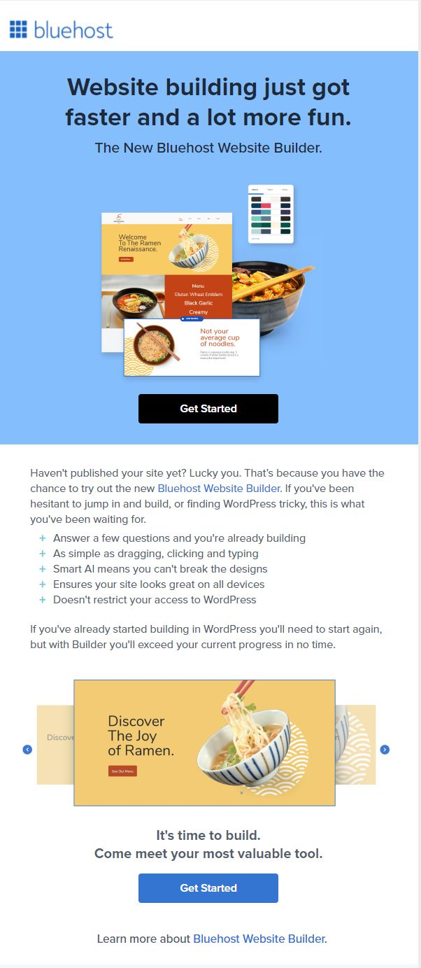 An email that highlights Bluehost's website builder