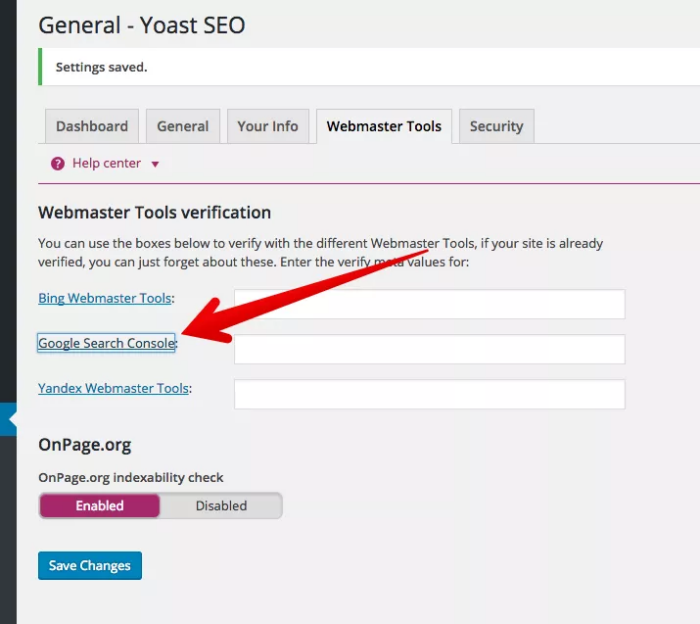 Screenshot of the Yoast SEO plugin on the WordPress platform and a red arrow pointing to "Google search console."