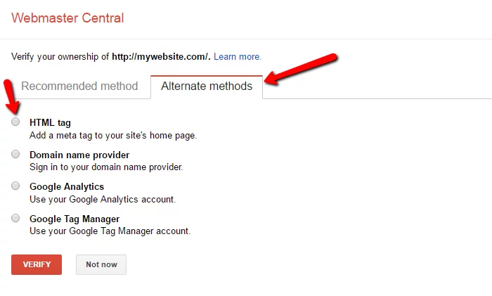 Screenshot with two red arrows pointing to "alternate methods" and "HTML tag."