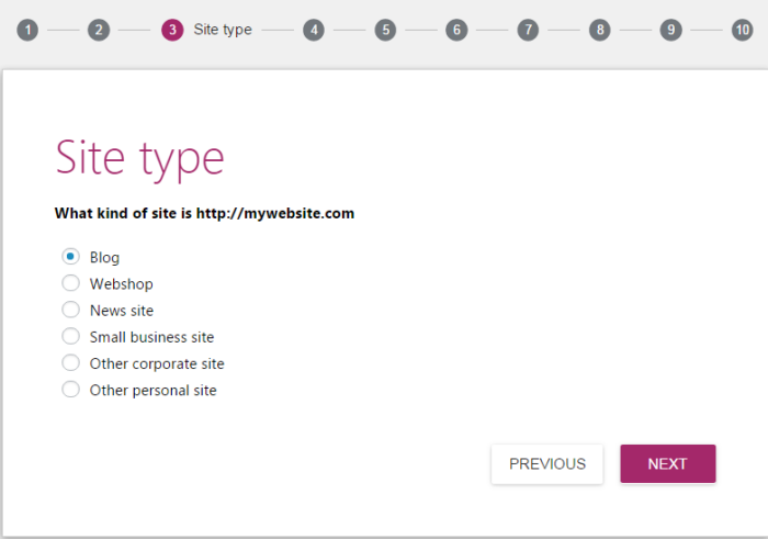 Screenshot of the third step on how to start a blog called "site type."
