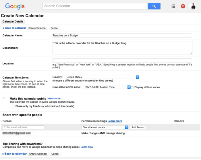 Creating a new calendar in Google.