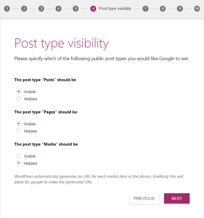 Screenshot of the sixth step on how to start a blog called "post type visibility."