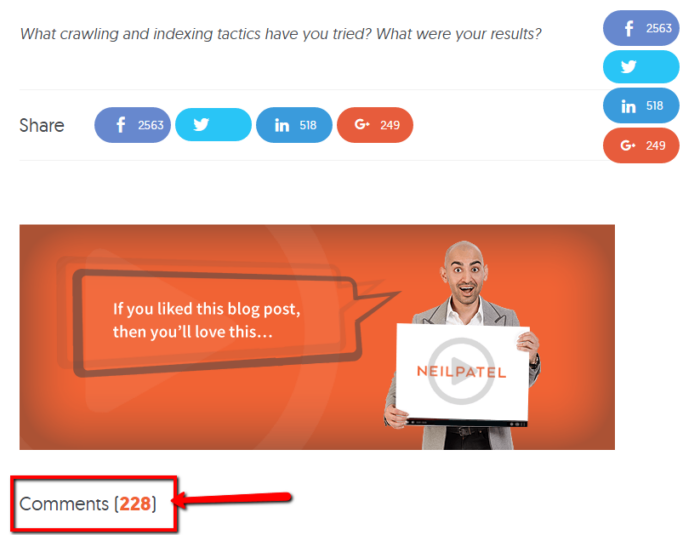 Screenshot of Neil Patel's blog and a red square around "comments (228)."