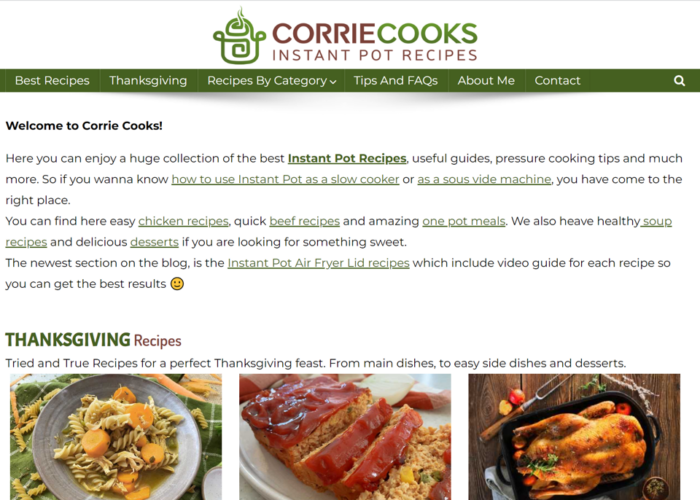 Screenshot of Corrie Cooks Instant Pot Recipes.