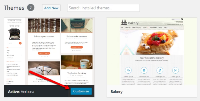 Screenshot of WordPress' webpage with an arrow point to "customize."
