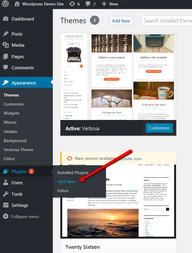 Screenshot of WordPress' webpage with an arrow point to "add new."