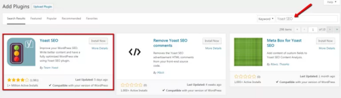 Screenshot of WordPress' webpage with an arrow point to "Yoast SEO."