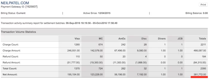 Screenshot of Neilpatel.com's transaction volume statistics.