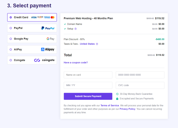 Select payment options on Hostinger's website.
