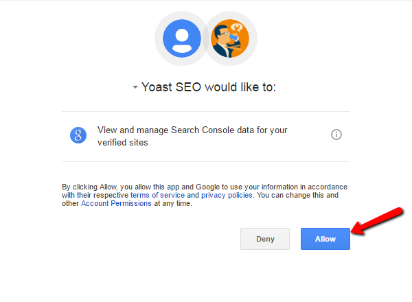 Screenshot of an arrow point to "allow" to give Yoast SEO access.