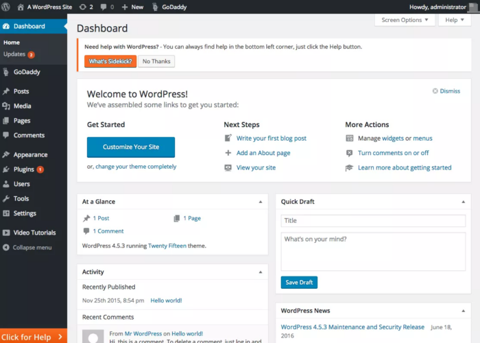 Screenshot of WordPress' dashboard.