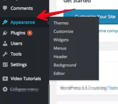 Screenshot of the sidebar on WordPress' dashboard with an arrow point to "appearance."