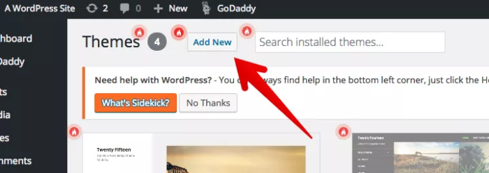 Screenshot of the Themes page on WordPress and an arrow point to "add new."