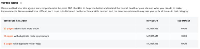 A list of top SEO issues in Ubersuggest.