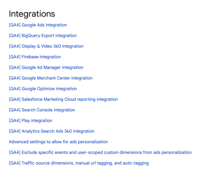 A list of GA4 Integration Options.