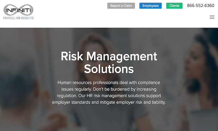Infiniti HR Risk Management Solutions webpage for Best PEO Services