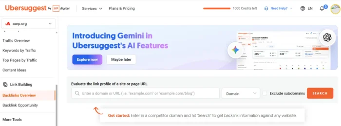 Screenshot of Ubersuggest’s Backlinks Overview page