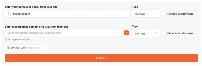 Screenshot of Ubersuggest’s Backlink Opportunities page showing how you can compare your domain’s backlink profile against up to five competitors.