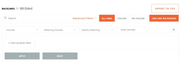 Screenshot displaying the Neil Patel Backlink Checker’s advanced filters within Ubersuggest. 