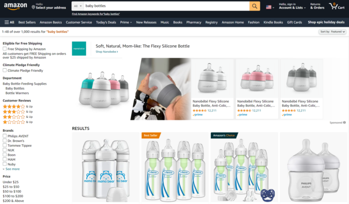 An Amazon listing page for baby bottles