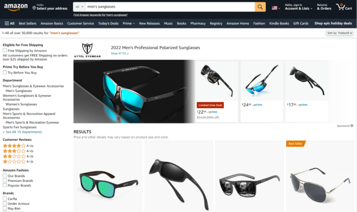 An Amazon listing page for men's sunglasses