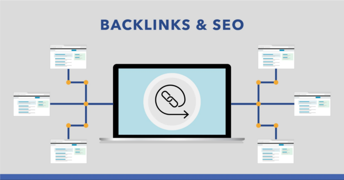 Data springing from a computer, titled "Backlinks & SEO"