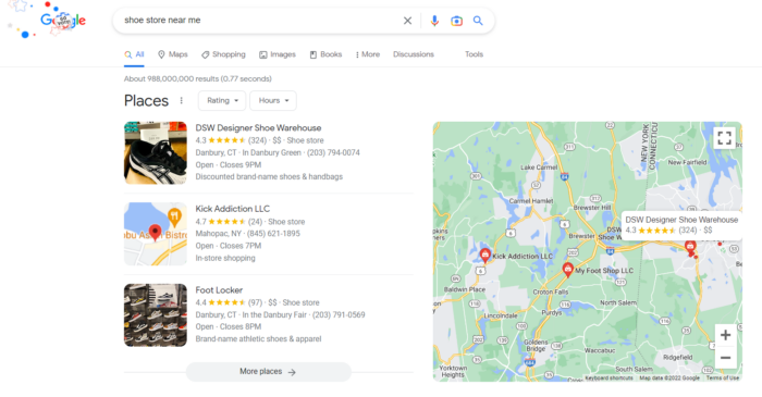 A Google search for "shore store near me."
