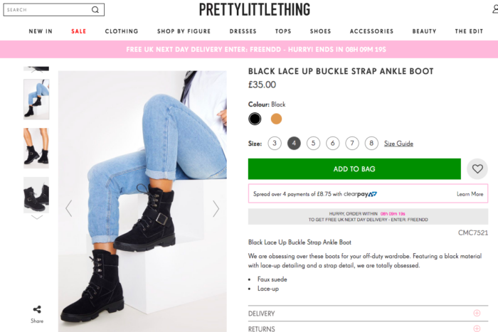 Screenshot of PrettyLittleThing's product page.