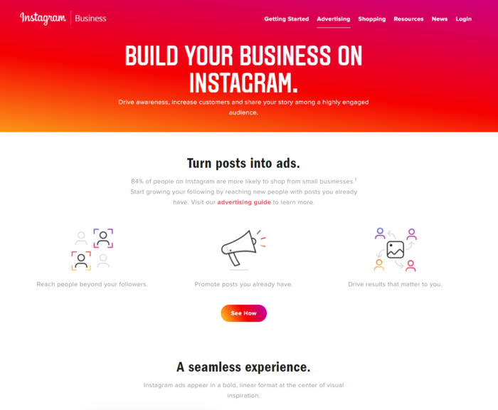 Screenshot of the Instagram Business webpage for social media tips.
