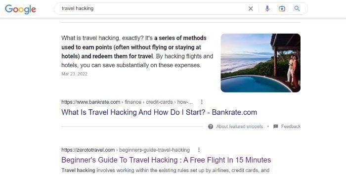 Google search of "travel hacking."