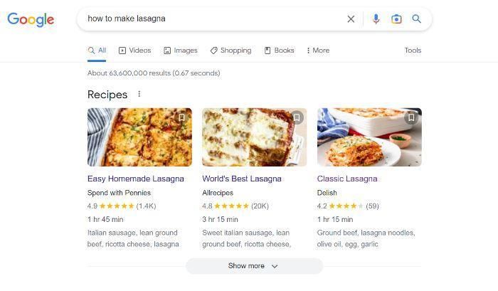 Google search of "،w to make lasagna."