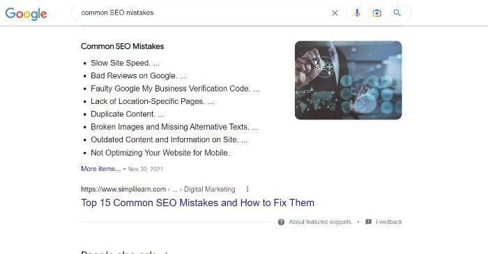 Google search of "common SEO mistakes."