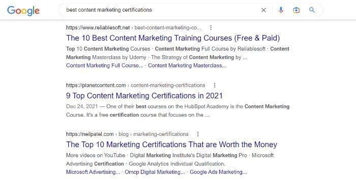 Google search of "best content marketing certifications." 