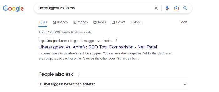 Google search of "ubersuggest vs ahrefs."