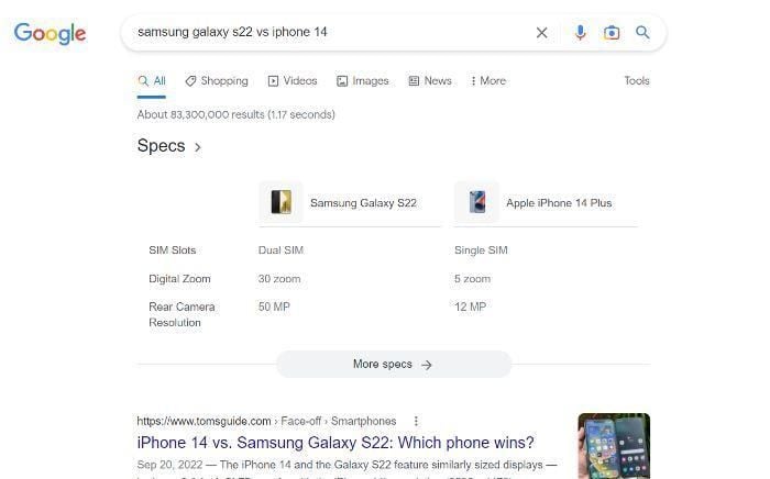 Google search of "samsung galaxy s22 vs iphone 14."
